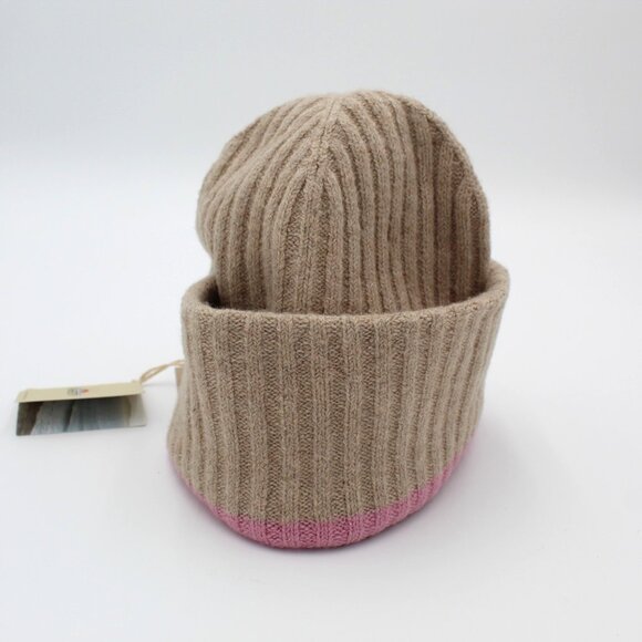Faherty Ribbed Beanie Hat Organic Cotton Tan Pink Brown Stripe Reversible Tags - Picture 1 of 8